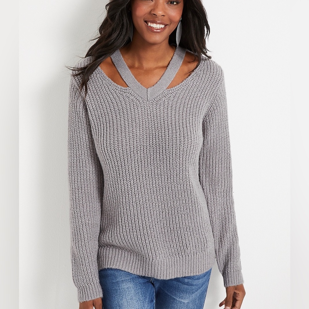Maurices Cut Out Knit Women Gray Waffle Sweater Fall Lightweight NEW NWOT